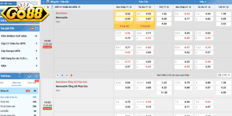 Tỷ lệ kèo GO88 châu Âu rất phổ biến